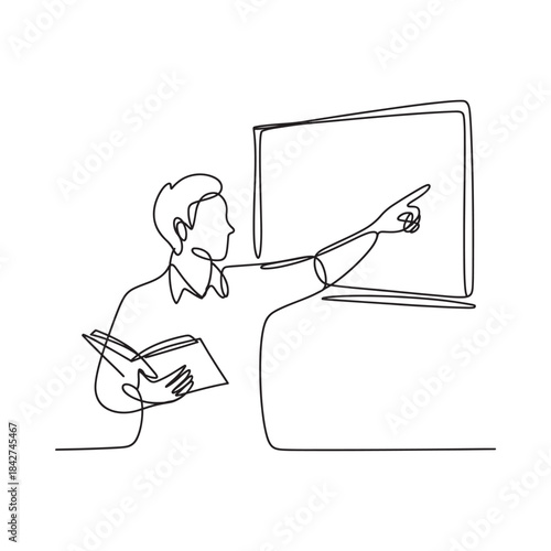 Minimalist continuous line drawing of a man presenting or teaching with a book and whiteboard