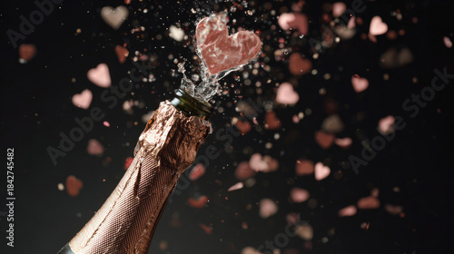 champagne bottle popping with heart-shaped splash and pink confetti against dark background