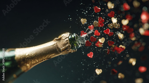 elegant champagne bottle popping with red and gold heart confetti on dark background