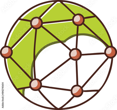Cute Hand-Drawn Green Global Network Icon - Connected World Globe with Nodes & Links Doodle Illustration PNG Transparent Background