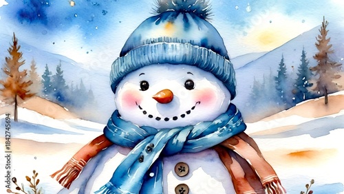 Spirit of the Snow: a gentle and cheerful snowman portrait against an ethereal winter backdrop