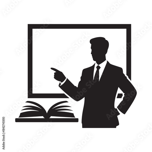 Professional silhouette of a man teaching or presenting in front of a whiteboard and book.