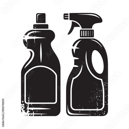 Distressed black silhouette illustration of two different cleaning product bottles