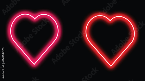 Two vibrant neon heart outlines glow brightly against a deep symbolizing love romance and modern digital affection in striking contrast
