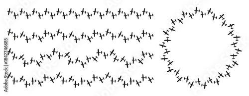 Vector illustrations of airplane patterns used for decorative borders and a circular frame. Seamless pattern with airplanes on white background.