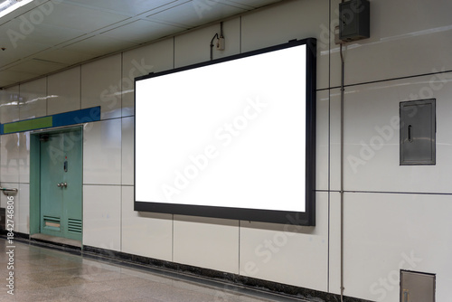Photography Empty digital billboard mockup in subway station or underground train platform,