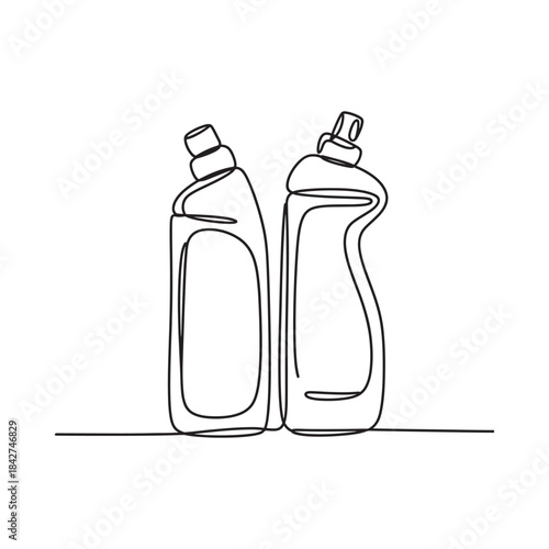 A continuous line drawing illustration of two bottles of cleaning products