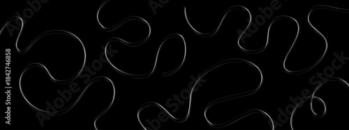 3D chrome metal lines on black background. Silver spiral shape pattern. Steel black fluid wave, curve, glossy swirl. Abstract vector illustration, modern futuristic design