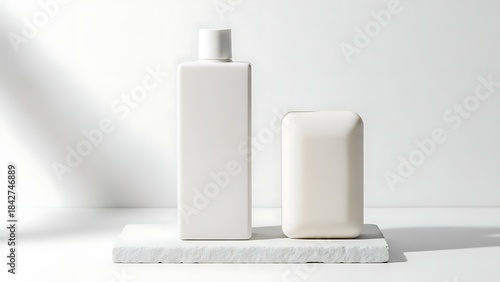 Minimalist White Bathroom Products with Natural Light and Shadows.