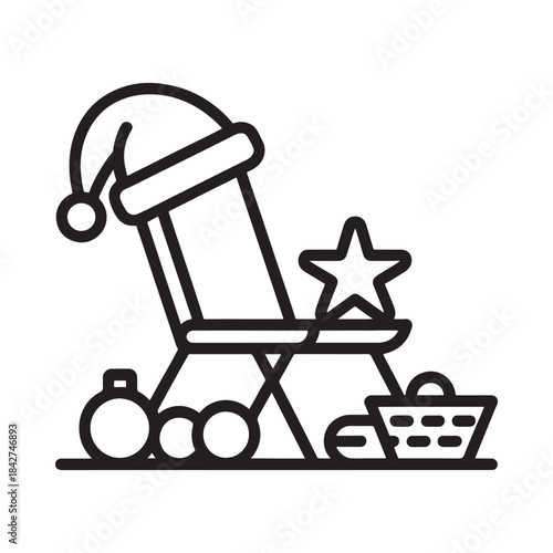 A festive icon illustration featuring a santa hat placed on a chair with ornaments