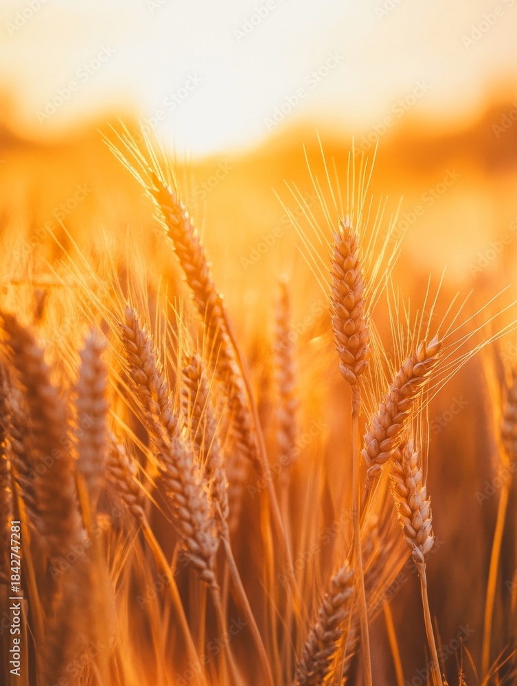 Obraz premium A field of wheat stalks glistening with the warm hues of sunset.