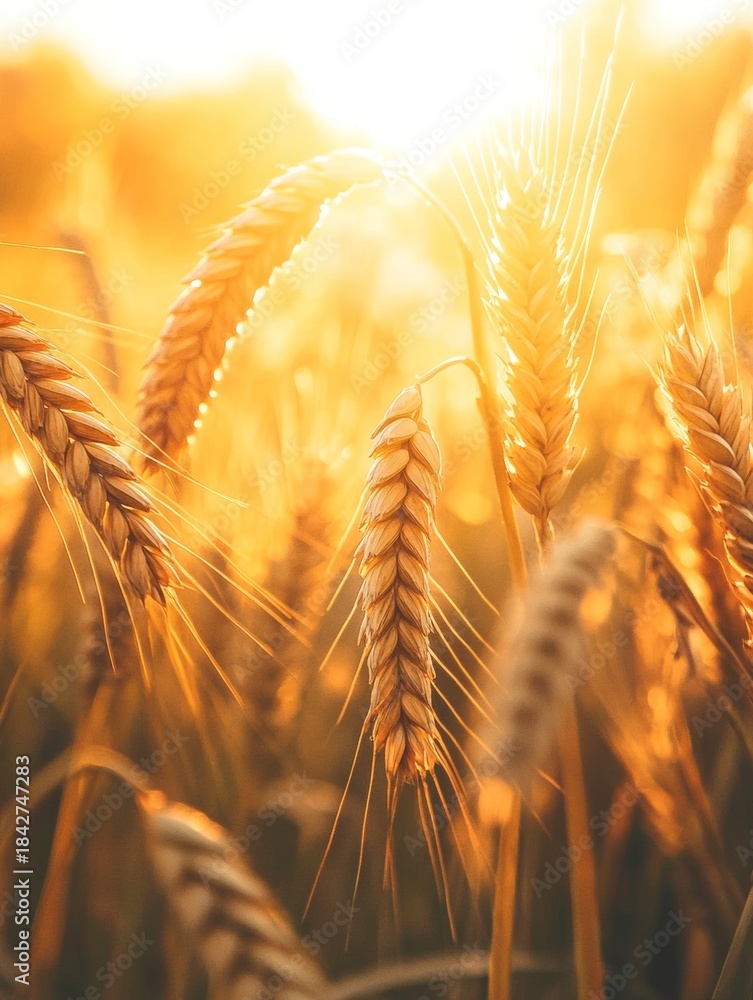 Obraz premium Bright golden wheat stalks with sunbeams through them.