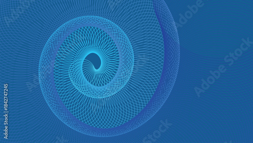 Vibrant blue and cyan geometric spiral background with abstract, flowing lines creating a hypnotic visual tunnel, ideal for digital design, technology, and corporate concepts