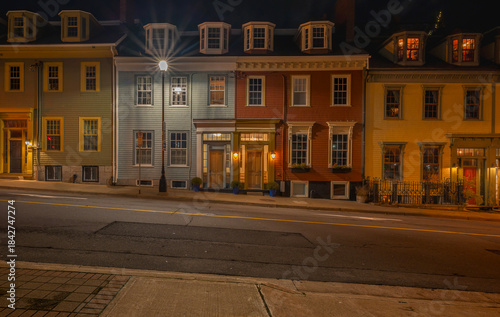 Dawn view of historic rowhouses in downtown Halifax, Nova Scotia, Canada