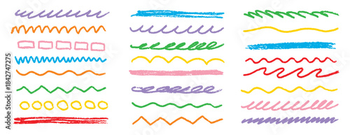 Chalk lines kids strips, brush sketch pencil underlines. Highlight strokes doodle set. Grunge colorful hand drawn highlight strokes
