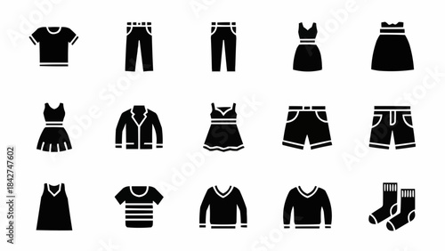 Collection of Black Clothing Icons Representing Various Apparel Items.