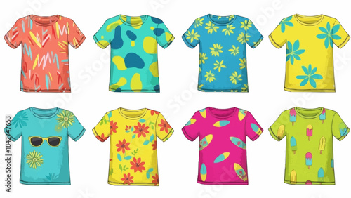 Collection of eight colorful t-shirts with various patterns and designs.
