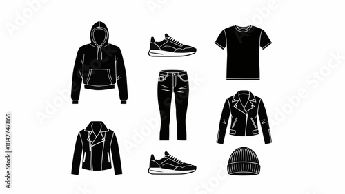 Collection of Black Casual Clothing and Accessories for Men.