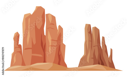 An illustration of tall, barren rock mountains rising from a sandy desert landscape. Their angular and abstract forms convey the essence of the arid desert environment.