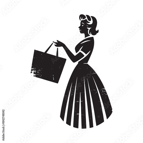 A retro graphic silhouette of a fashionable woman carrying a shopping bag