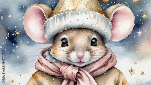 A heartwarming and whimsical motif conveying the innocent charm and cozy comfort of a creature prepared for the winter holidays