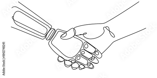 A continuous line art depiction of a human hand shaking hands with a robot hand, symbolizing technology and human partnership. Vector, illustration