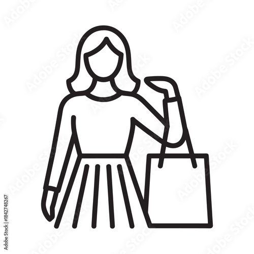 A line art icon representing a woman carrying a shopping bag after a purchase