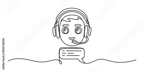 Continuous line drawing of a customer service representative with a headset and chat bubble icon Vector, illustration