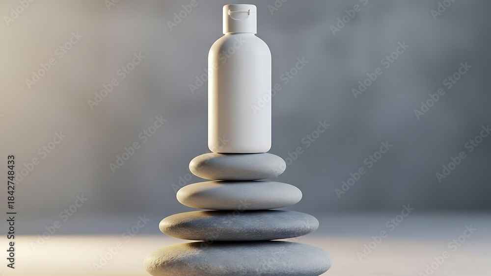 Fototapeta premium Serene Skincare Product Displayed on Stacked Zen Stones.