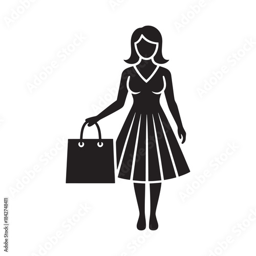 A black silhouette icon of a woman carrying a shopping bag after making purchases