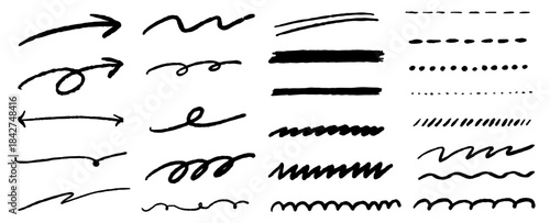 手書きの線の素材セット。アンダーラインや強調のベクター素材。波線、螺旋、点線、矢印。