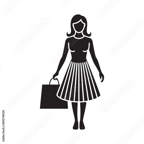 A stylized female shopper silhouette icon in black on a white background
