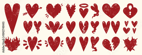 Grunge textured hearts in bold aggressive romantic style, hand drawn distressed red or pink love symbols