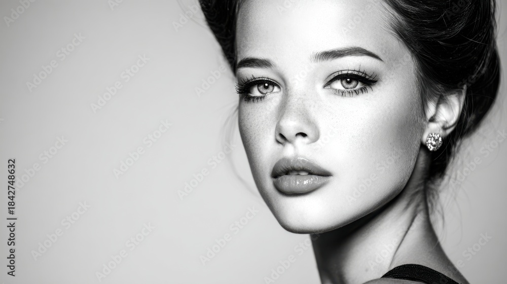 Fototapeta premium A model stands in a studio with a focused look on her face. The lighting highlights her features in black and white. She showcases a simple earring and elegant hairstyle