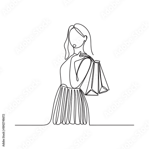 Continuous one-line drawing of a fashionable woman carrying shopping bags on a plain background