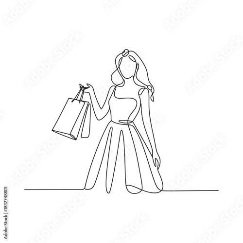 A beautiful and modern continuous line illustration of a woman enjoying a shopping trip.