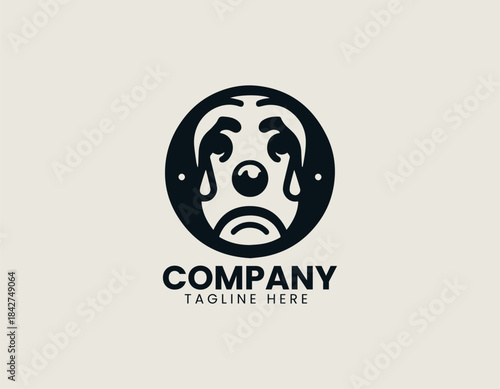 Sad clown face with teardrop and expressive minimalist features in bold black vector logo illustration