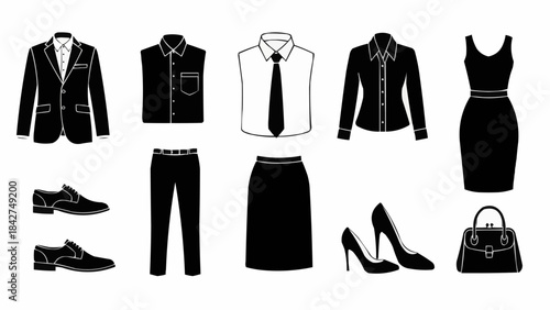 Collection of elegant black business attire for men and women.