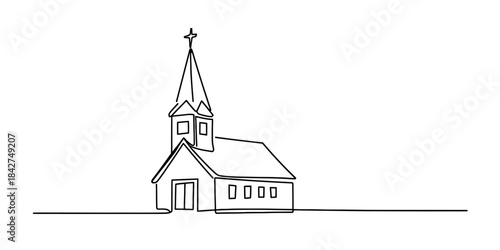 A simple continuous line drawing of a small christian church with a steeple and cross. Vector, illustration