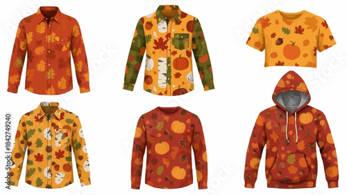 Autumn Themed Clothing Collection Featuring Shirts and Hoodies.