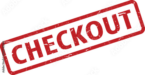 Red Distressed Checkout Rubber Stamp Impression on White Background for Commercial Use