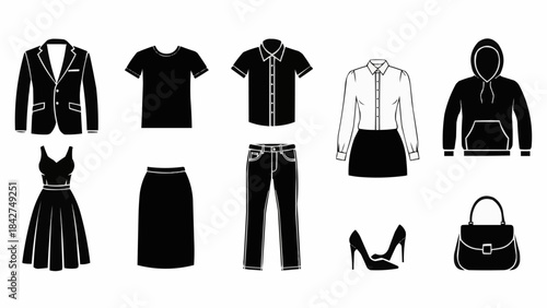 Collection of Black and White Fashionable Clothing and Accessories.