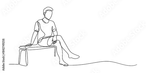 A continuous line art drawing depicting a man sitting relaxed on a bench Vector, illustration