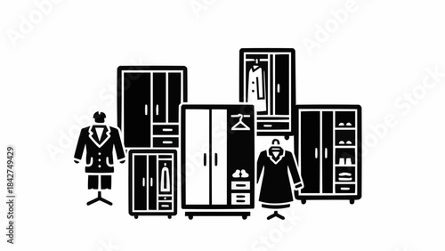 Collection of Wardrobes and Mannequins Displaying Clothing.