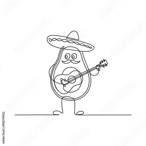 Festive continuous line art of an avocado character playing a guitar and wearing a sombrero