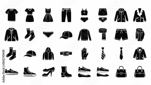 Collection of various clothing items and accessories in black silhouette style.