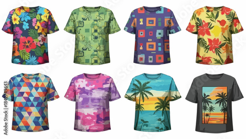 Collection of eight colorful t-shirts with unique patterns and designs.