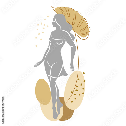 Silhouette of a cute lady and leaves of a plant. The girl is standing. The woman has a beautiful figure. She is young and slim. Vector illustration.