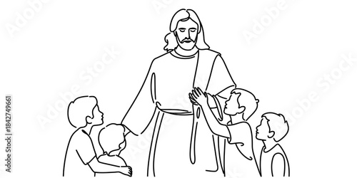 A simple line art illustration of jesus christ embracing and blessing young children, suitable for coloring Vector, illustration