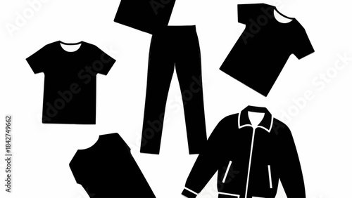 Collection of Black Clothing Items Including T Shirts Pants and Jacket.